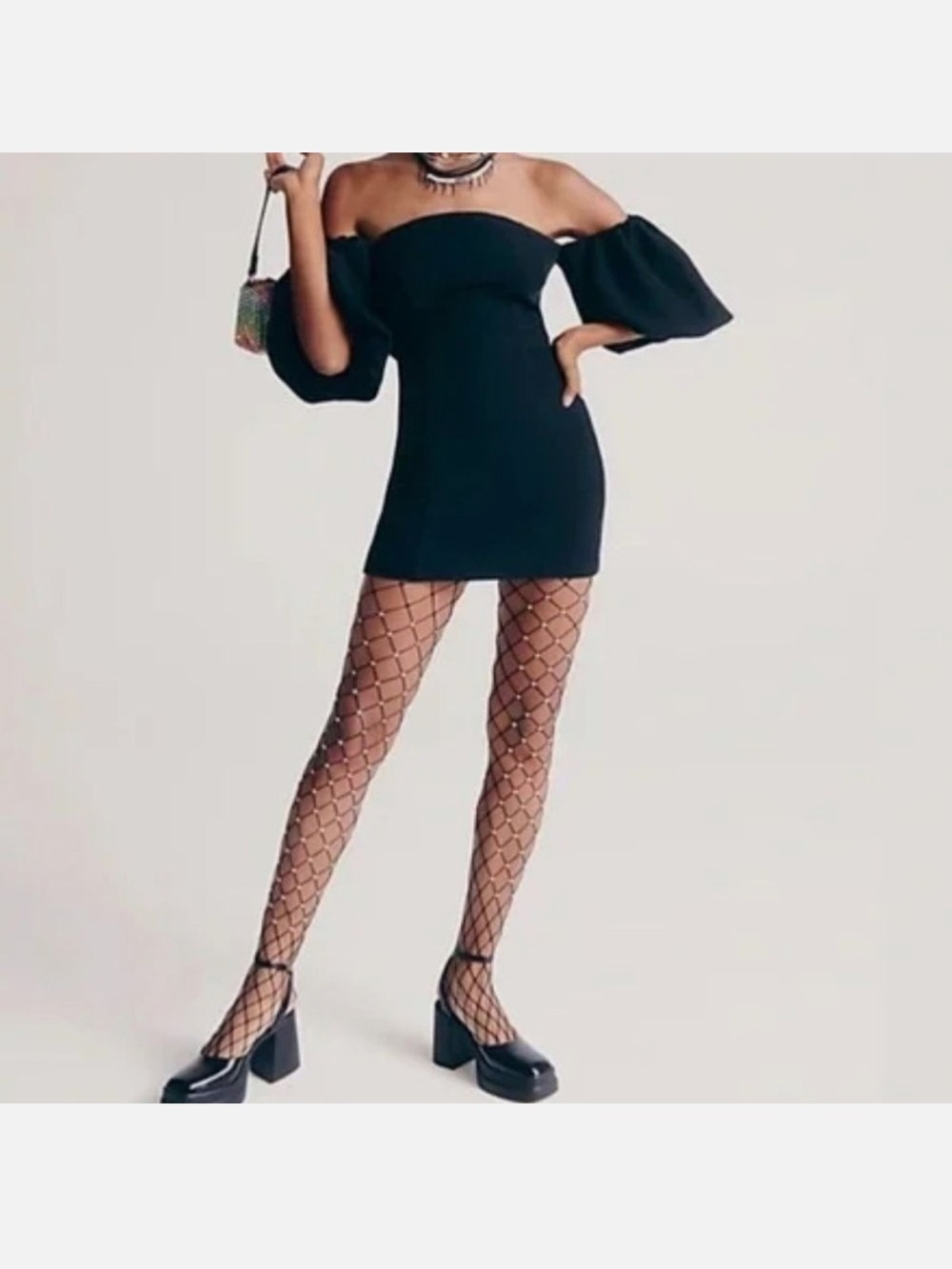 Free People Black Off-Shoulder Mini Dress with Puff Sleeves